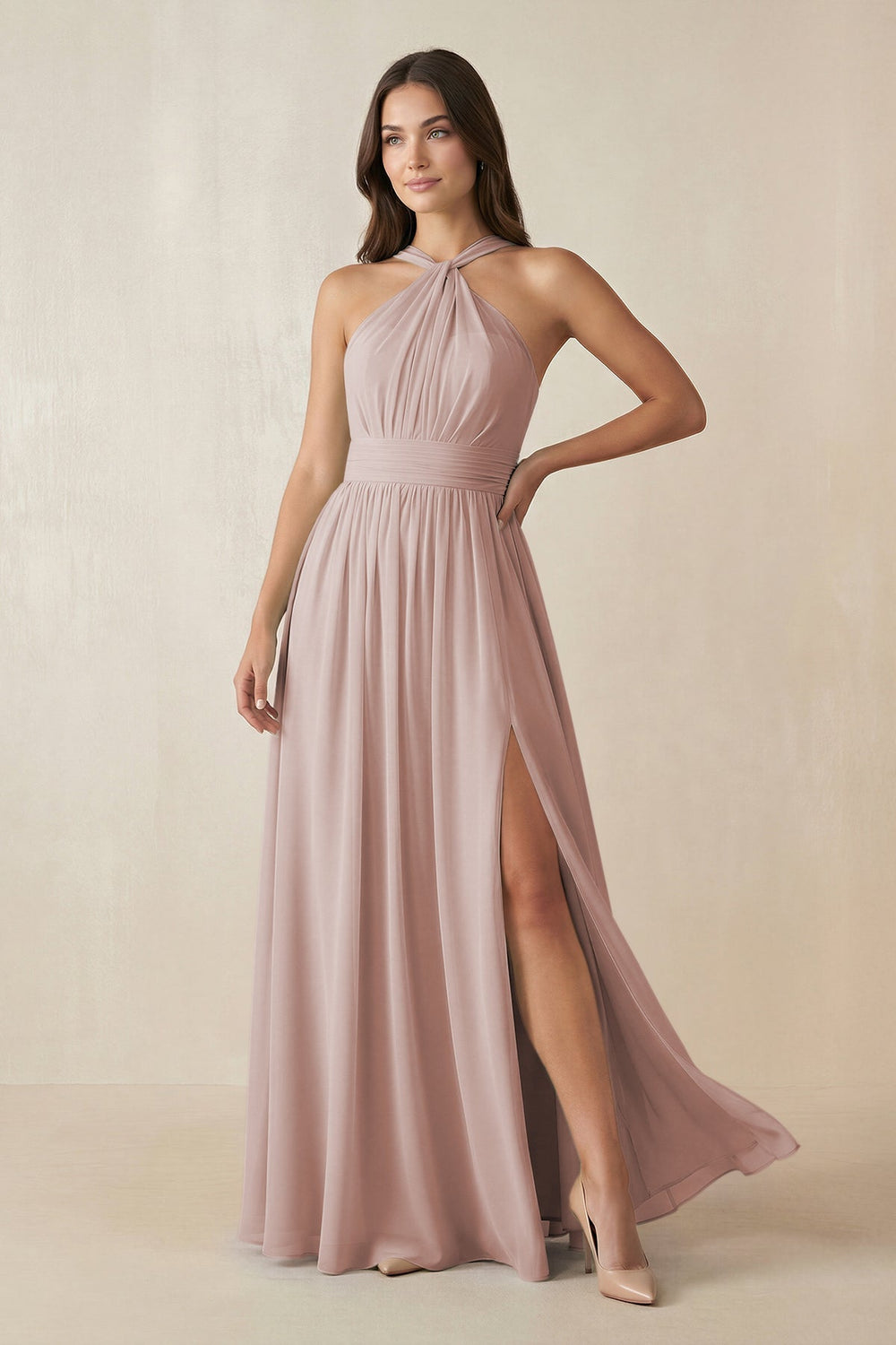 Halter Neck Ruched A-Line Chiffon Dress in Toffee - KISS BRIDAL BRIDESMAID DRESSES