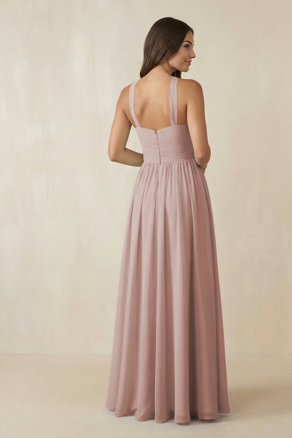 Halter Neck Ruched A-Line Chiffon Dress in Toffee - KISS BRIDAL BRIDESMAID DRESSES