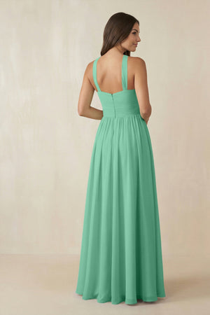 Halter Neck Ruched A-Line Chiffon Dress in Turquoise - SHE IS ME BRIDESMAID DRESSES