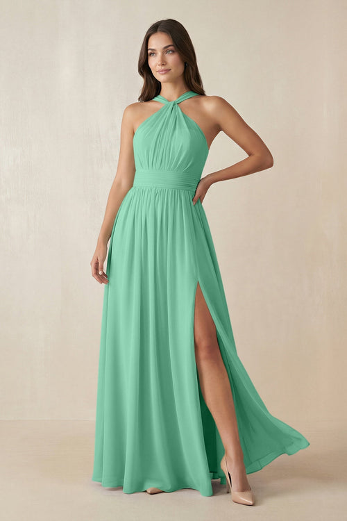 Halter Neck Ruched A-Line Chiffon Dress in Turquoise - SHE IS ME BRIDESMAID DRESSES