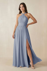 Halter Neck Ruched A-Line Chiffon Dress in Twilight - KISS BRIDAL BRIDESMAID DRESSES