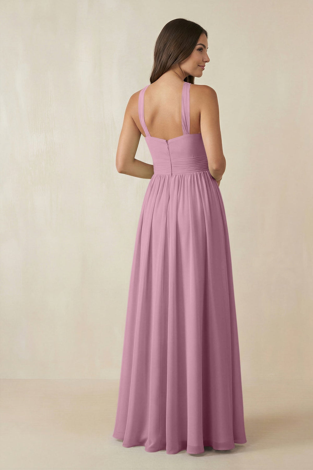Halter Neck Ruched A-Line Chiffon Dress in Vintage Mauve - KISS BRIDAL BRIDESMAID DRESSES