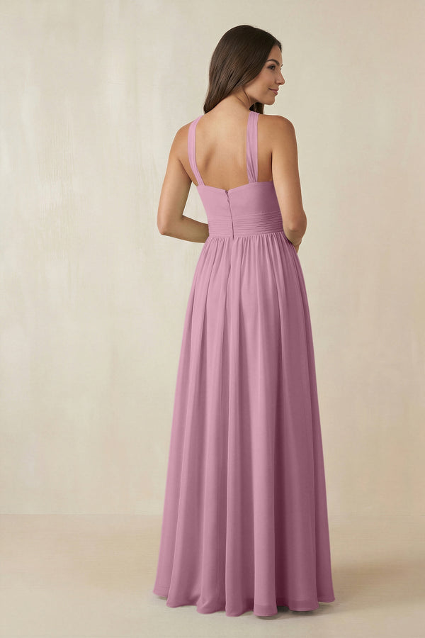 Halter Neck Ruched A-Line Chiffon Dress in Vintage Mauve - SHE IS ME BRIDESMAID DRESSES