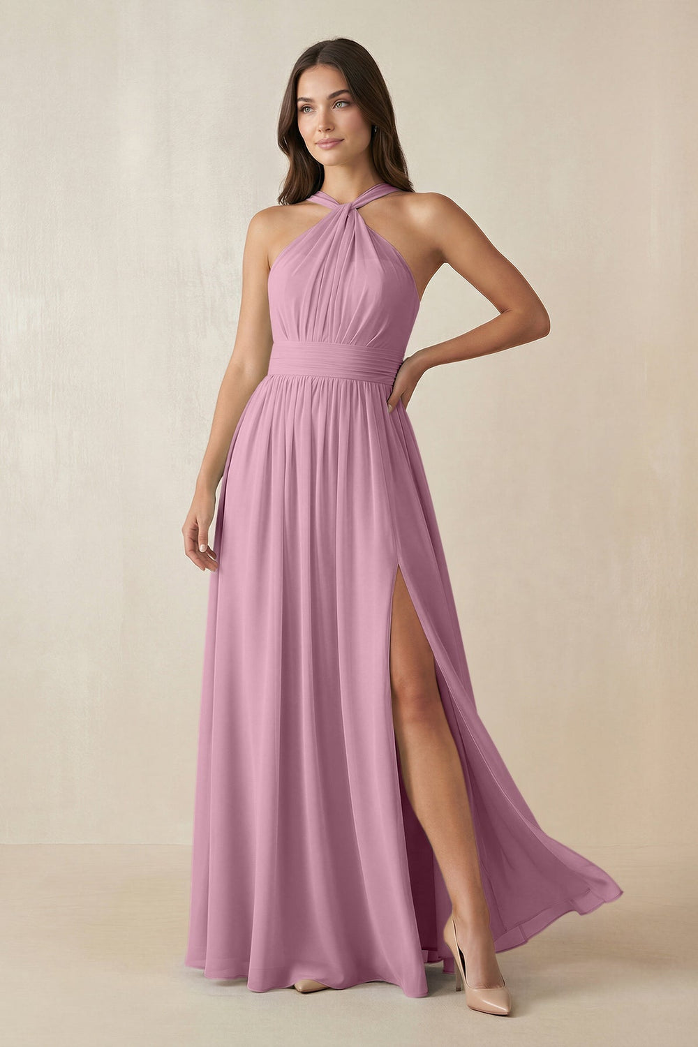 Halter Neck Ruched A-Line Chiffon Dress in Vintage Mauve - KISS BRIDAL BRIDESMAID DRESSES