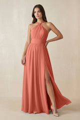 Halter Neck Ruched A-Line Chiffon Dress in Wild Rose - KISS BRIDAL BRIDESMAID DRESSES