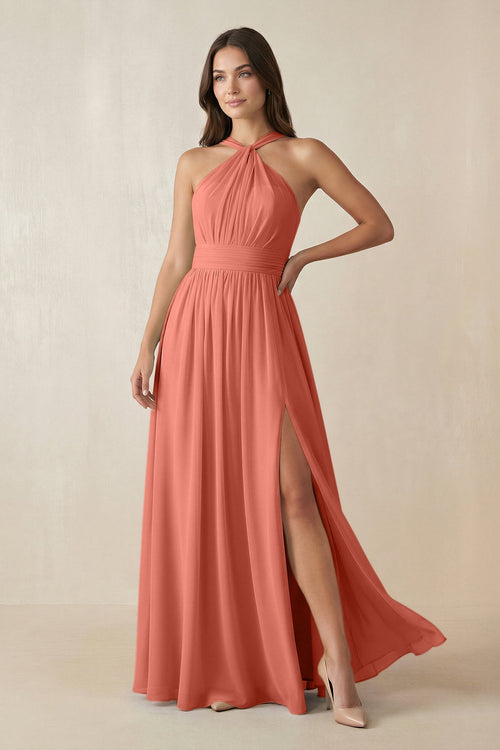 Halter Neck Ruched A-Line Chiffon Dress in Wild Rose - SHE IS ME BRIDESMAID DRESSES