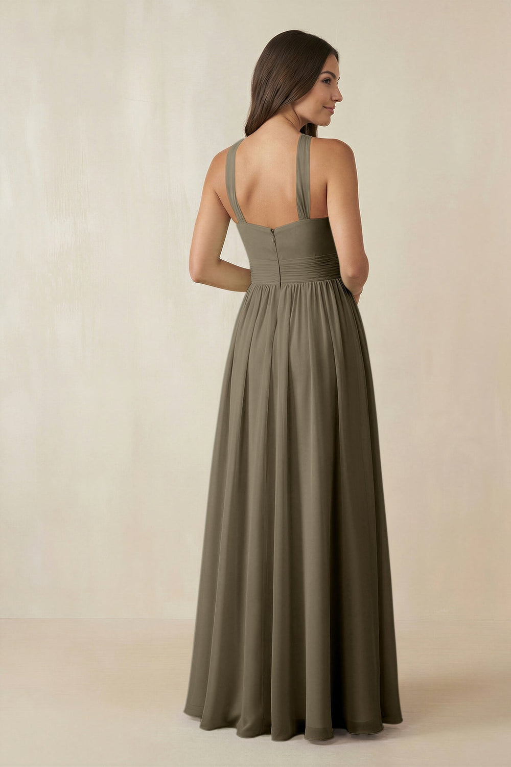 Halter Neck Ruched A-Line Chiffon Dress in Willow Green - KISS BRIDAL BRIDESMAID DRESSES