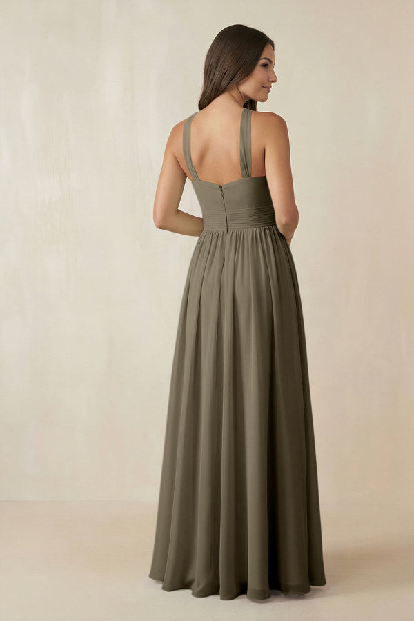 Halter Neck Ruched A-Line Chiffon Dress in Willow Green - SHE IS ME BRIDESMAID DRESSES