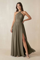Halter Neck Ruched A-Line Chiffon Dress in Willow Green - KISS BRIDAL BRIDESMAID DRESSES