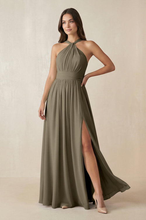 Halter Neck Ruched A-Line Chiffon Dress in Willow Green - SHE IS ME BRIDESMAID DRESSES