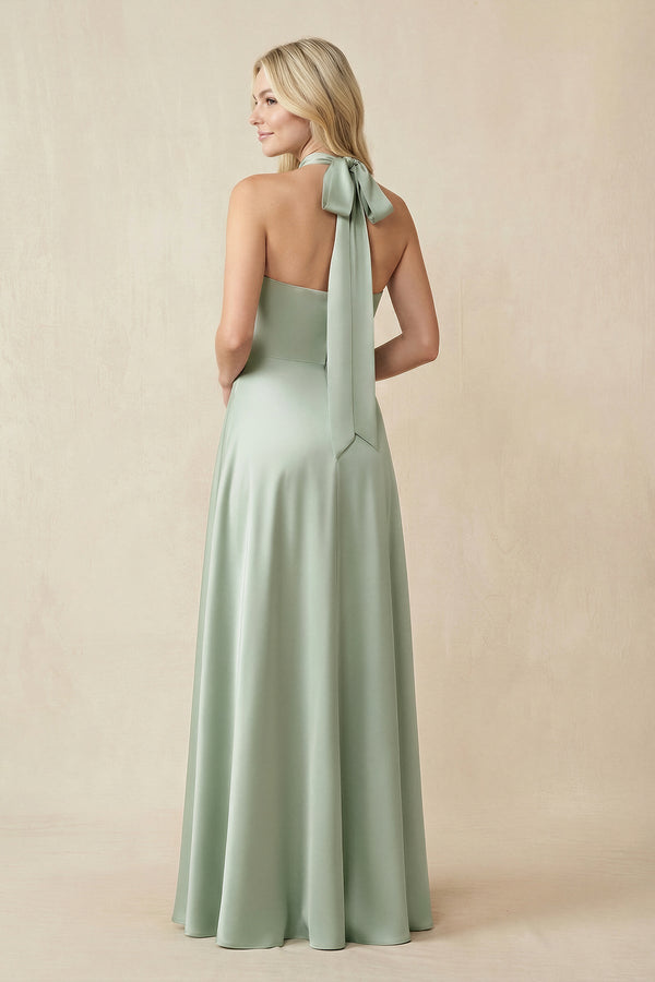 Halter Neck Satin A - Line Bridesmaid Gown with Bow - SHE IS ME Bridesmaid Dresses