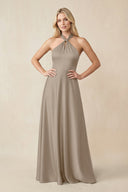 Halter Neck Satin A - Line Bridesmaid Gown with Bow in Almond - KISS BRIDAL Bridesmaid Dresses