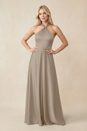 Halter Neck Satin A - Line Bridesmaid Gown with Bow in Almond - KISS BRIDAL Bridesmaid Dresses