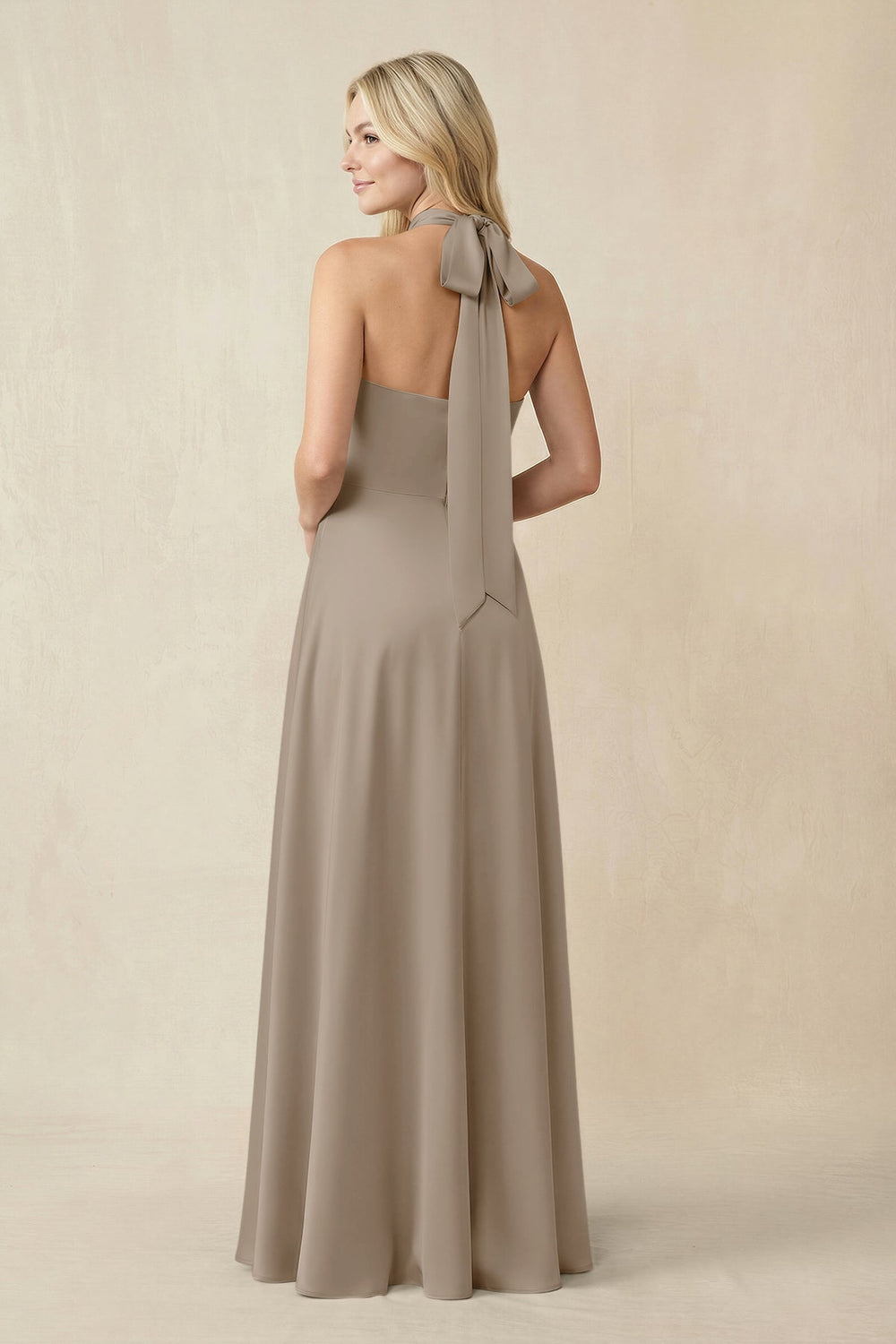 Halter Neck Satin A - Line Bridesmaid Gown with Bow in Almond - KISS BRIDAL Bridesmaid Dresses