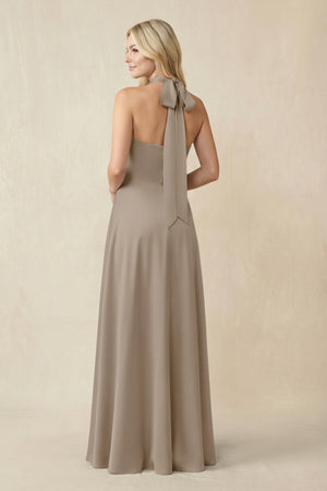 Halter Neck Satin A - Line Bridesmaid Gown with Bow in Almond - KISS BRIDAL Bridesmaid Dresses