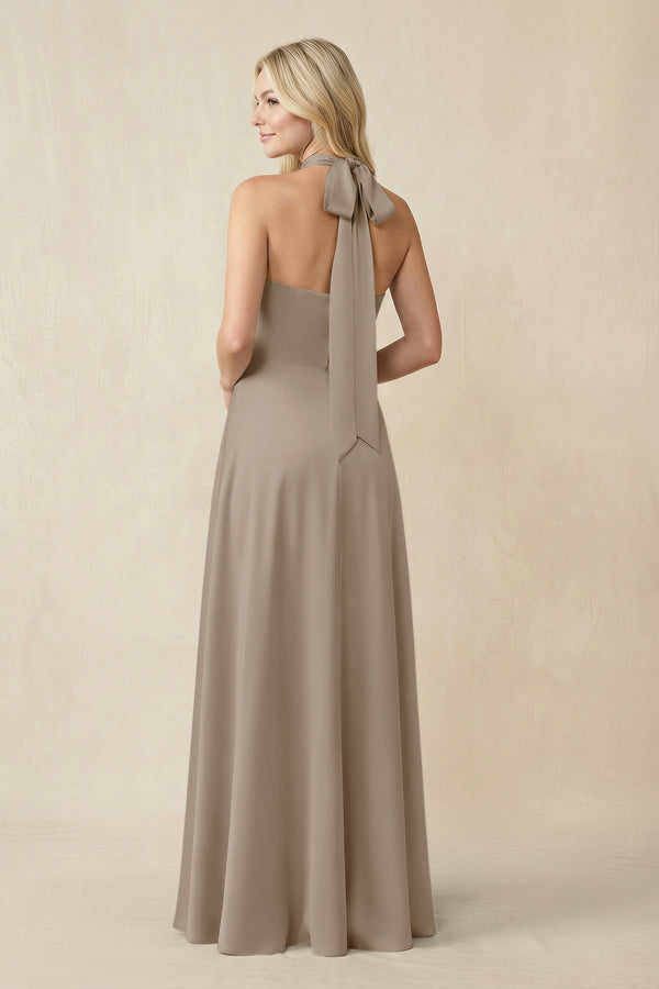 Halter Neck Satin A - Line Bridesmaid Gown with Bow in Almond - KISS BRIDAL Bridesmaid Dresses