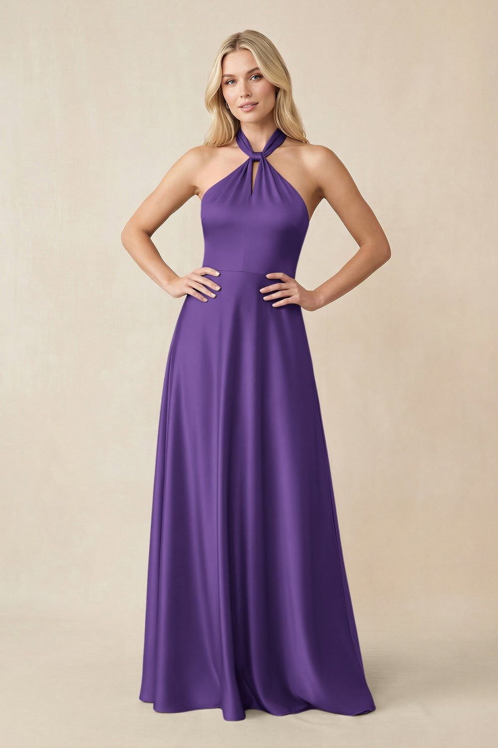 Halter Neck Satin A - Line Bridesmaid Gown with Bow in Amethyst - KISS BRIDAL Bridesmaid Dresses