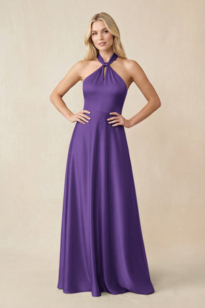 Halter Neck Satin A - Line Bridesmaid Gown with Bow in Amethyst - SHE IS ME Bridesmaid Dresses