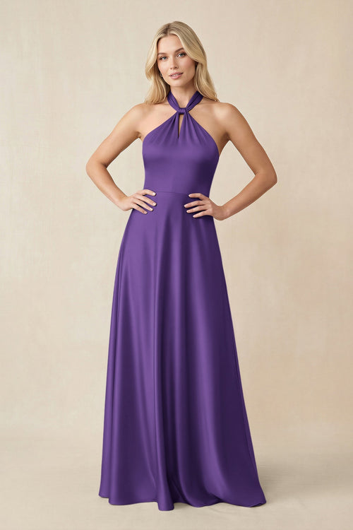 Halter Neck Satin A - Line Bridesmaid Gown with Bow in Amethyst - SHE IS ME Bridesmaid Dresses