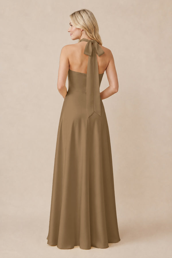 Halter Neck Satin A-Line Bridesmaid Gown with Bow in Apple Cinnamon (2) | KISSBRIDAL