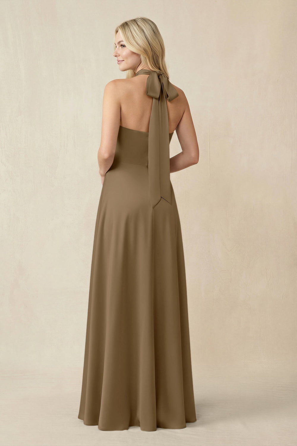 Halter Neck Satin A - Line Bridesmaid Gown with Bow in Apple Cinnamon - KISS BRIDAL Bridesmaid Dresses