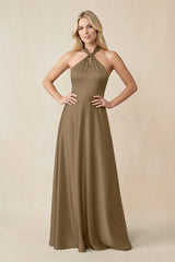 Halter Neck Satin A - Line Bridesmaid Gown with Bow in Apple Cinnamon - KISS BRIDAL Bridesmaid Dresses