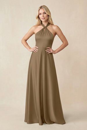 Halter Neck Satin A - Line Bridesmaid Gown with Bow in Apple Cinnamon - KISS BRIDAL Bridesmaid Dresses