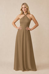 Halter Neck Satin A-Line Bridesmaid Gown with Bow in Apple Cinnamon | KISSBRIDAL