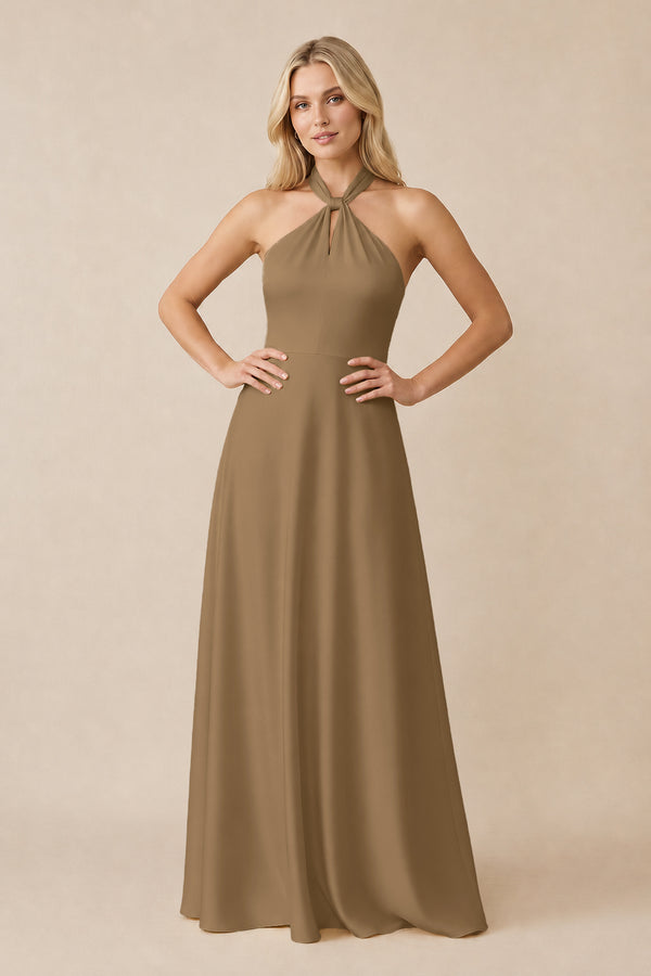 Halter Neck Satin A-Line Bridesmaid Gown with Bow in Apple Cinnamon | KISSBRIDAL