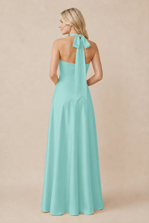 Halter Neck Satin A-Line Bridesmaid Gown with Bow in Aqua (2) | KISSBRIDAL