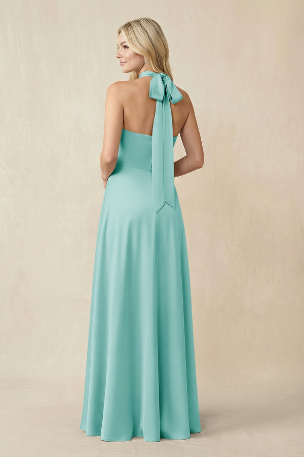 Halter Neck Satin A - Line Bridesmaid Gown with Bow in Aqua - KISS BRIDAL Bridesmaid Dresses