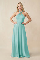 Halter Neck Satin A - Line Bridesmaid Gown with Bow in Aqua - KISS BRIDAL Bridesmaid Dresses