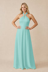 Halter Neck Satin A-Line Bridesmaid Gown with Bow in Aqua | KISSBRIDAL