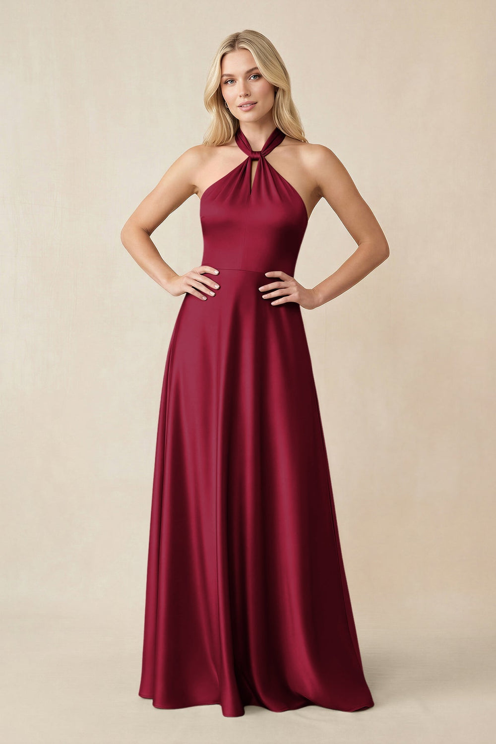 Halter Neck Satin A - Line Bridesmaid Gown with Bow in Berry - SHE IS ME Bridesmaid Dresses