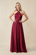 Halter Neck Satin A - Line Bridesmaid Gown with Bow in Berry - SHE IS ME Bridesmaid Dresses