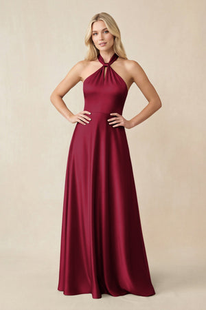 Halter Neck Satin A - Line Bridesmaid Gown with Bow in Berry - SHE IS ME Bridesmaid Dresses