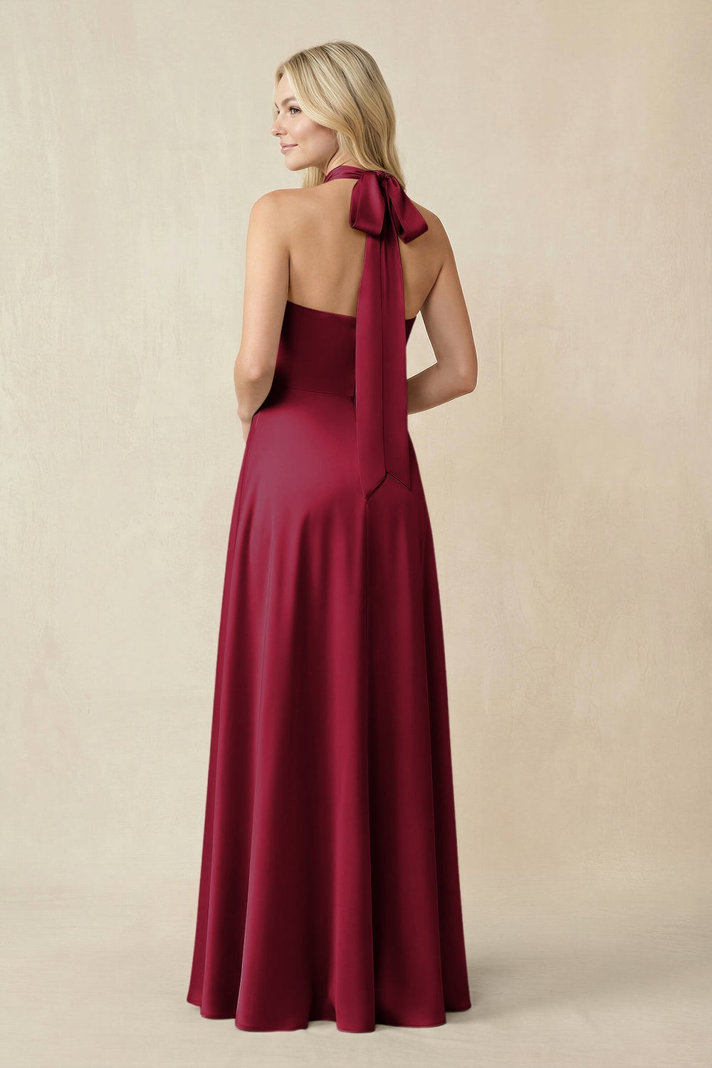 Halter Neck Satin A - Line Bridesmaid Gown with Bow in Berry - SHE IS ME Bridesmaid Dresses