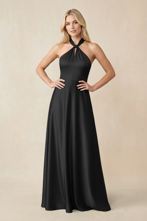 Halter Neck Satin A - Line Bridesmaid Gown with Bow in Black - SHE IS ME Bridesmaid Dresses