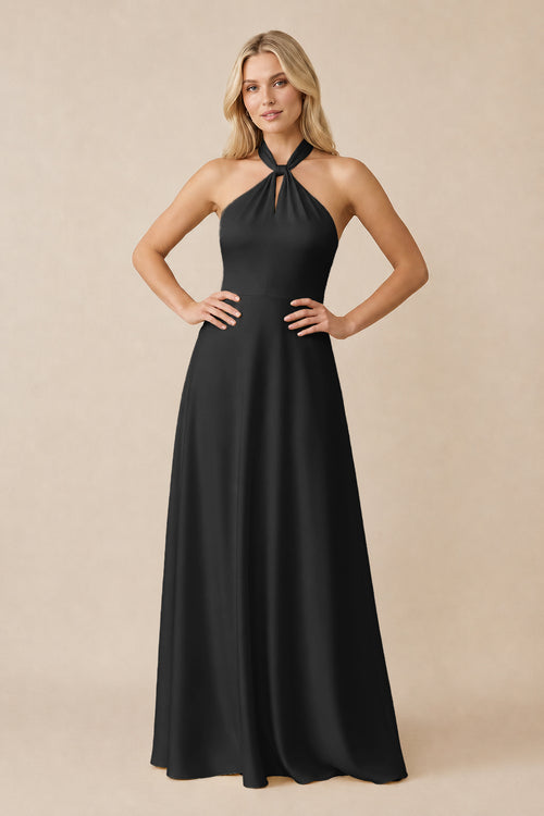 Halter Neck Satin A-Line Bridesmaid Gown with Bow in Black | KISSBRIDAL