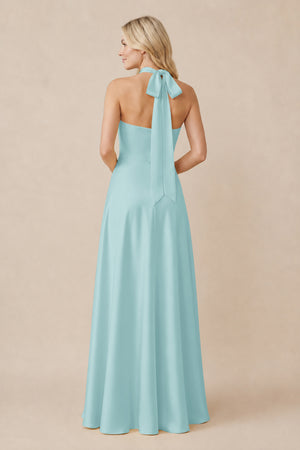 Halter Neck Satin A-Line Bridesmaid Gown with Bow in Bleached Aqua (2) | KISSBRIDAL