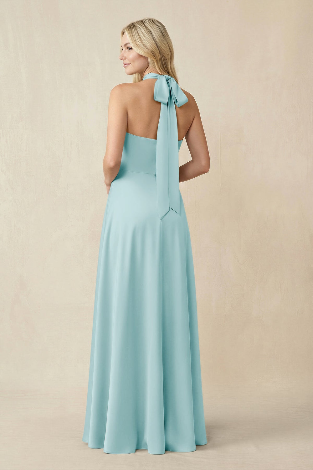 Halter Neck Satin A - Line Bridesmaid Gown with Bow in Bleached Aqua - KISS BRIDAL Bridesmaid Dresses