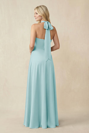 Halter Neck Satin A - Line Bridesmaid Gown with Bow in Bleached Aqua - KISS BRIDAL Bridesmaid Dresses