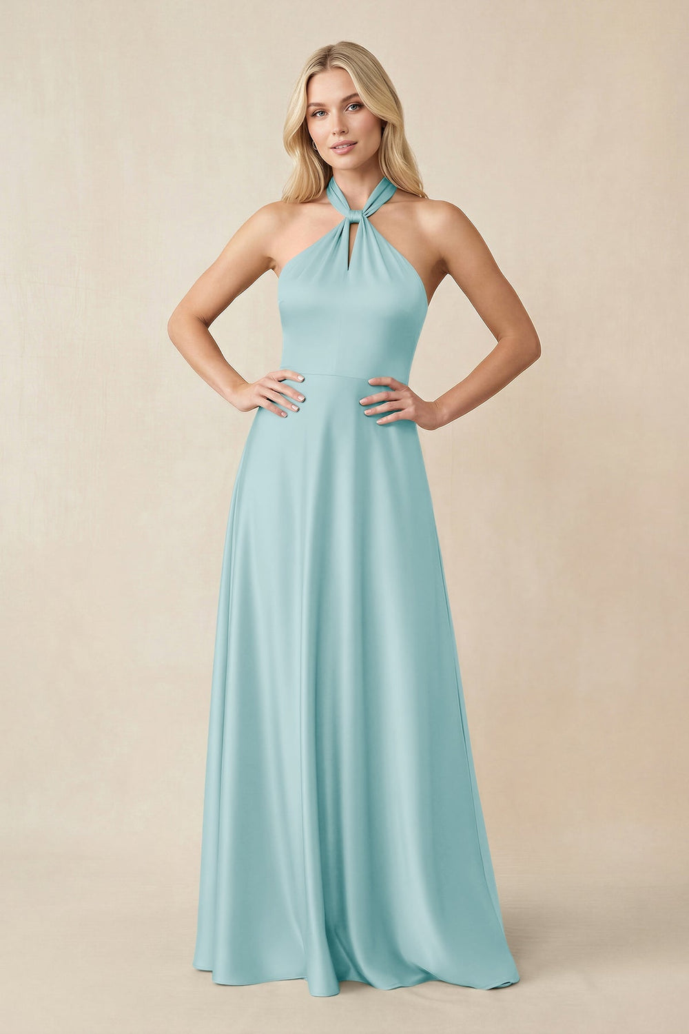 Halter Neck Satin A - Line Bridesmaid Gown with Bow in Bleached Aqua - KISS BRIDAL Bridesmaid Dresses