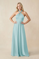 Halter Neck Satin A - Line Bridesmaid Gown with Bow in Bleached Aqua - KISS BRIDAL Bridesmaid Dresses