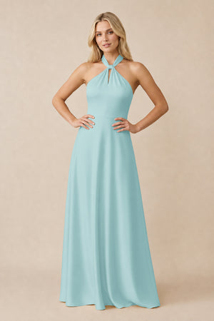 Halter Neck Satin A-Line Bridesmaid Gown with Bow in Bleached Aqua | KISSBRIDAL