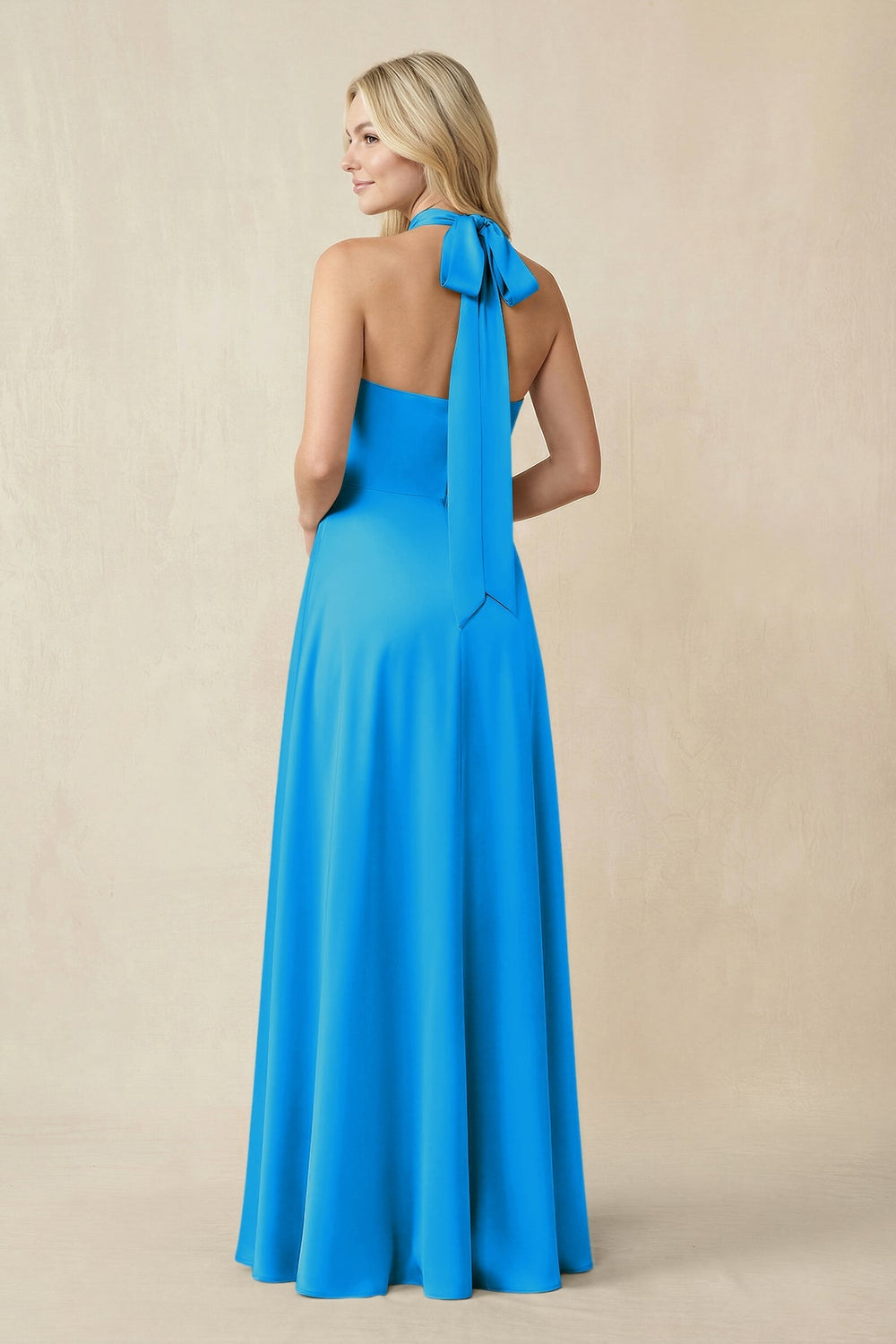 Halter Neck Satin A - Line Bridesmaid Gown with Bow in Blue Jay - KISS BRIDAL Bridesmaid Dresses