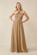 Halter Neck Satin A - Line Bridesmaid Gown with Bow in Bronzer - SHE IS ME Bridesmaid Dresses