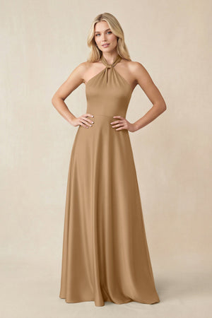 Halter Neck Satin A - Line Bridesmaid Gown with Bow in Bronzer - SHE IS ME Bridesmaid Dresses