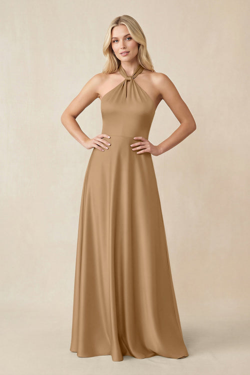 Halter Neck Satin A - Line Bridesmaid Gown with Bow in Bronzer - SHE IS ME Bridesmaid Dresses