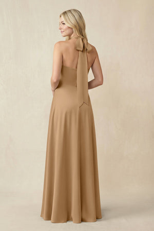 Halter Neck Satin A - Line Bridesmaid Gown with Bow in Bronzer - SHE IS ME Bridesmaid Dresses